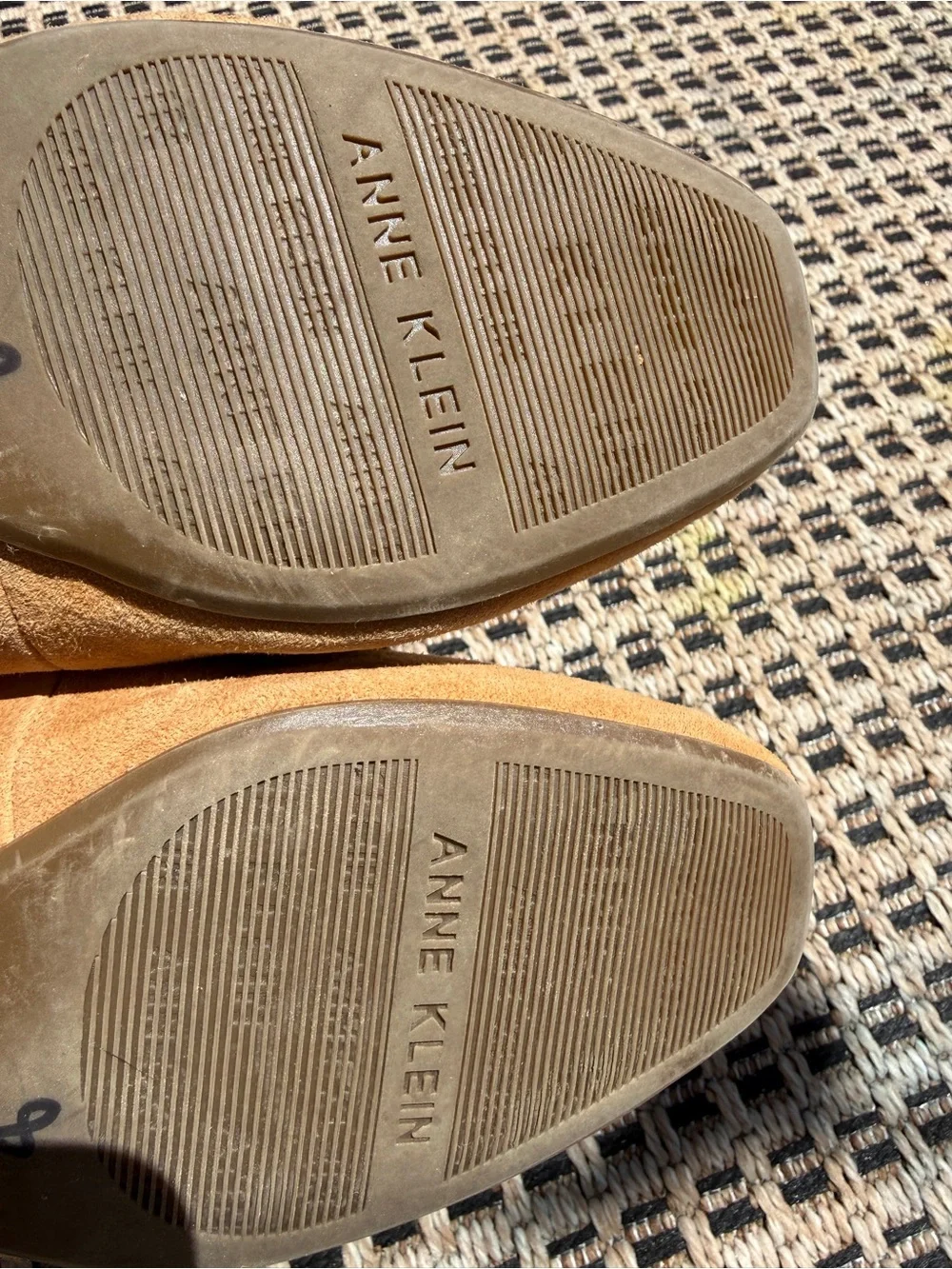 Anne Klein tan Camel Suede Slip-On Loafers with gold crest luxury